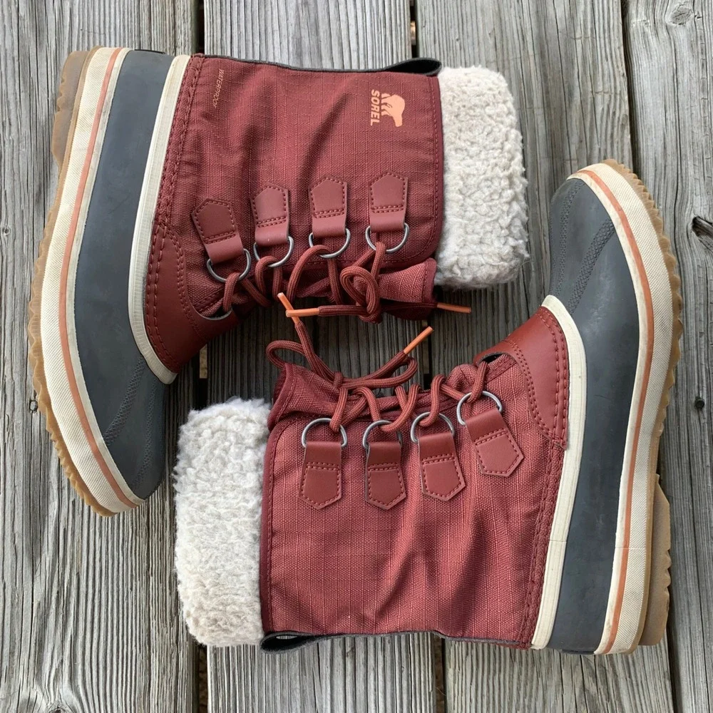 Sorel Winter Carnival Waterproof Boots Rust Faux Shearling Duck Boots Womens 7‎